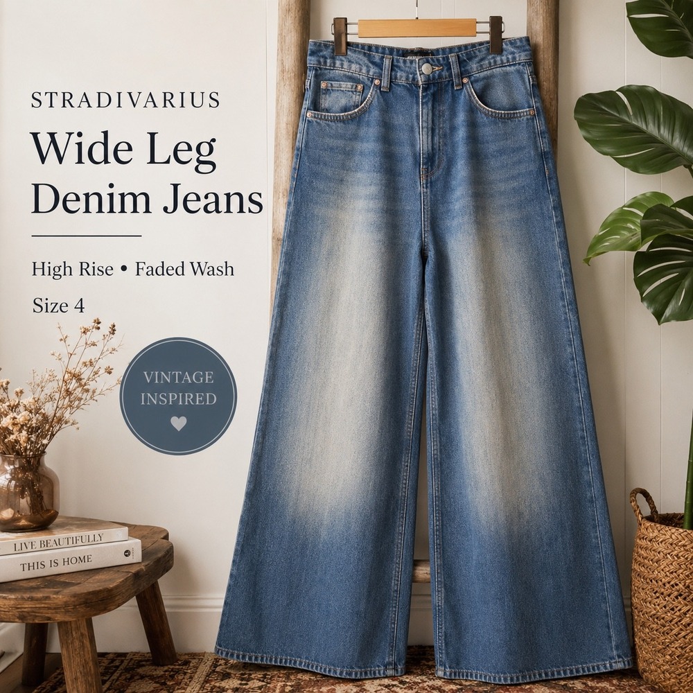 Stradivarius Women Blue Wide Leg High Rise‎ Faded Denim Jeans Size 4
